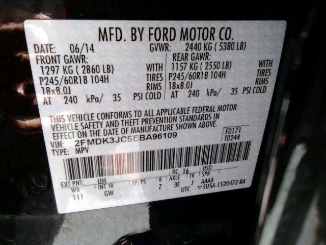 2FMDK3JC6EBA96109 - 2014 FORD EDGE SEL BLACK photo 10