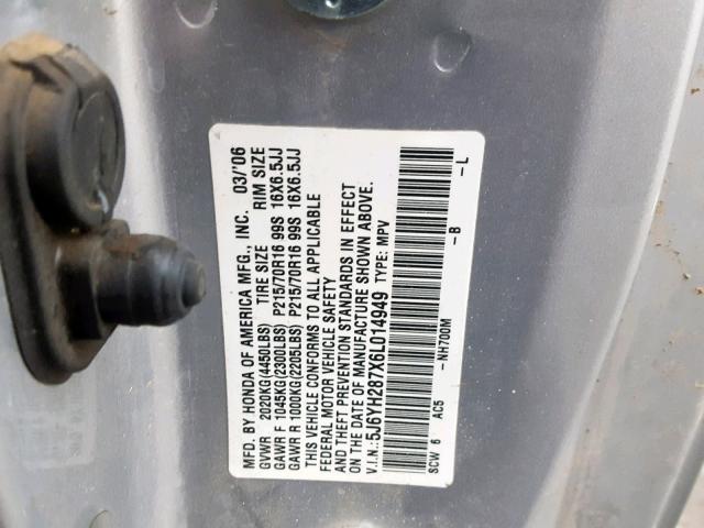 5J6YH287X6L014949 - 2006 HONDA ELEMENT EX SILVER photo 10