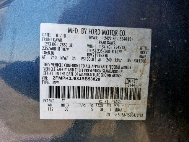 2FMPK3J88JBB53820 - 2018 FORD EDGE SEL BLUE photo 10