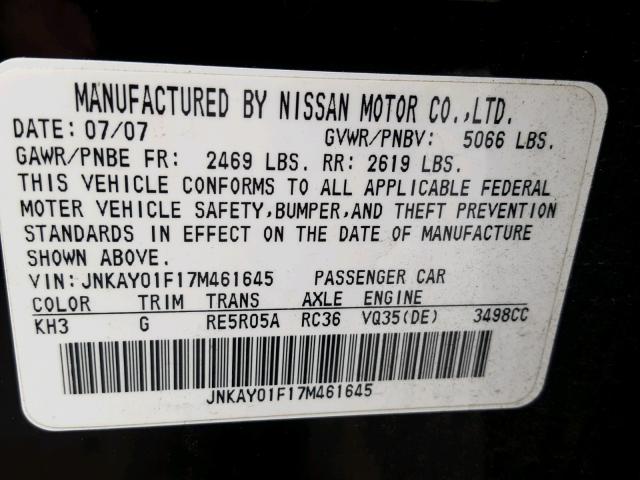 JNKAY01F17M461645 - 2007 INFINITI M35 BASE BLACK photo 10