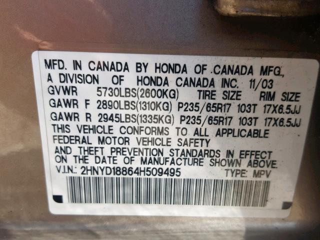 2HNYD18864H509495 - 2004 ACURA MDX TOURIN BEIGE photo 10