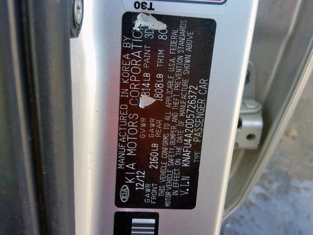 KNAFU4A20D5726372 - 2013 KIA FORTE EX SILVER photo 10