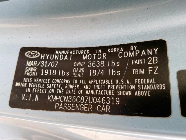 KMHCN36C87U046319 - 2007 HYUNDAI ACCENT SE BLUE photo 10