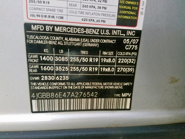 4JGBB86E47A276542 - 2007 MERCEDES-BENZ ML 350 SILVER photo 10