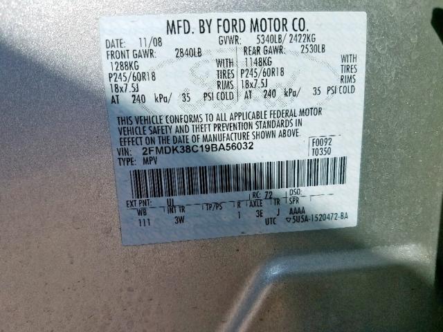 2FMDK38C19BA56032 - 2009 FORD EDGE SEL SILVER photo 10