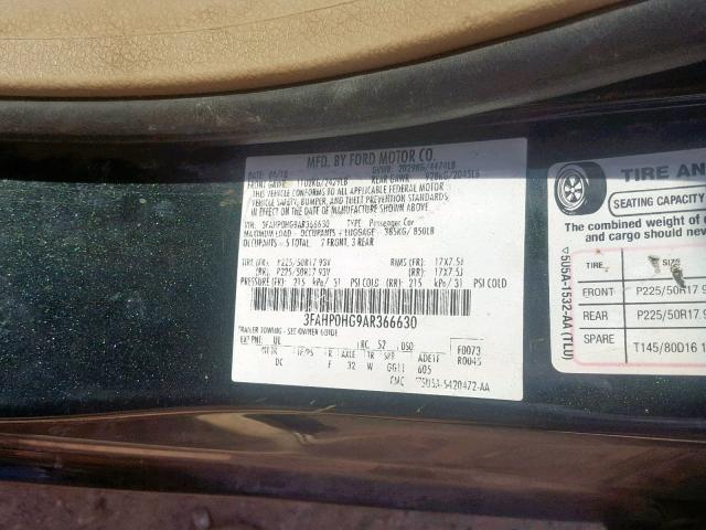 3FAHP0HG9AR366630 - 2010 FORD FUSION SE BLACK photo 10