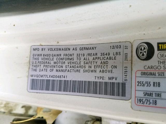 WVGCM77LX4D048741 - 2004 VOLKSWAGEN TOUAREG 4. WHITE photo 10