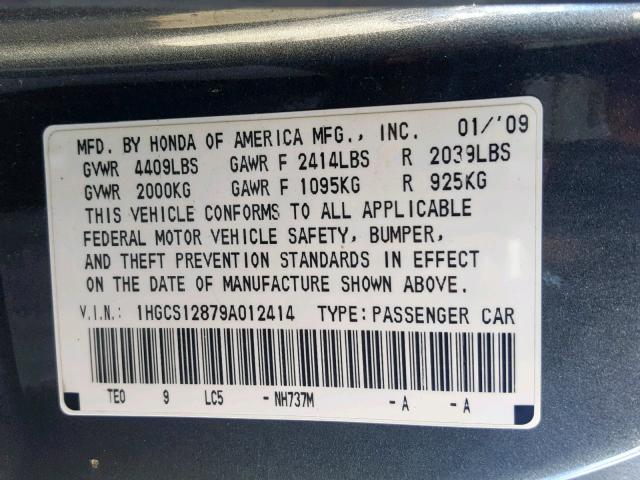 1HGCS12879A012414 - 2009 HONDA ACCORD EXL GRAY photo 10