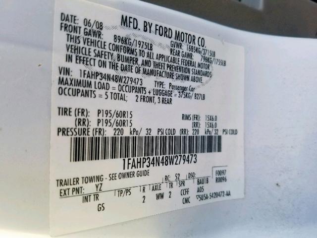 1FAHP34N48W279473 - 2008 FORD FOCUS S/SE WHITE photo 10