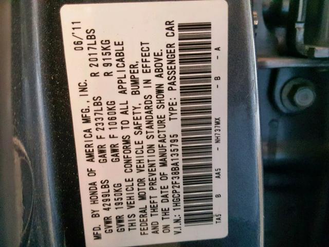 1HGCP2F38BA135795 - 2011 HONDA ACCORD LX GRAY photo 10