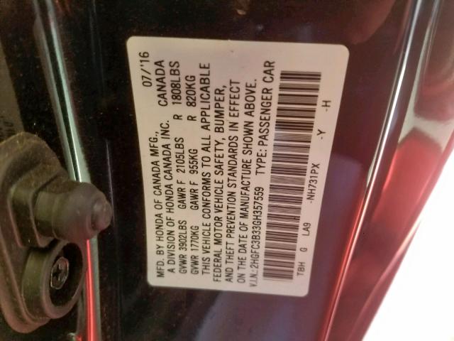 2HGFC3B33GH357559 - 2016 HONDA CIVIC EX BLACK photo 10