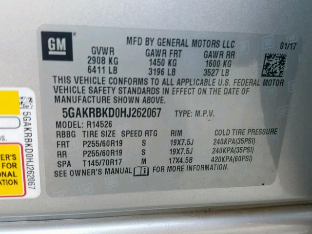 5GAKRBKD0HJ262067 - 2017 BUICK ENCLAVE SILVER photo 10