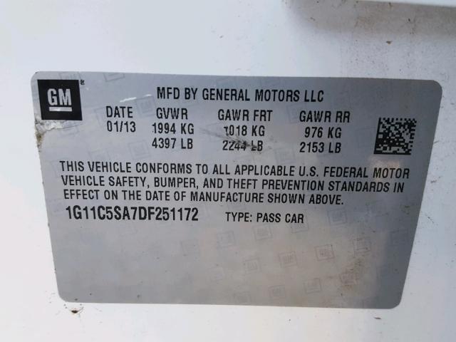 1G11C5SA7DF251172 - 2013 CHEVROLET MALIBU 1LT WHITE photo 10