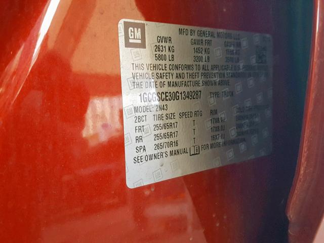 1GCGSCE30G1349287 - 2016 CHEVROLET COLORADO L RED photo 10