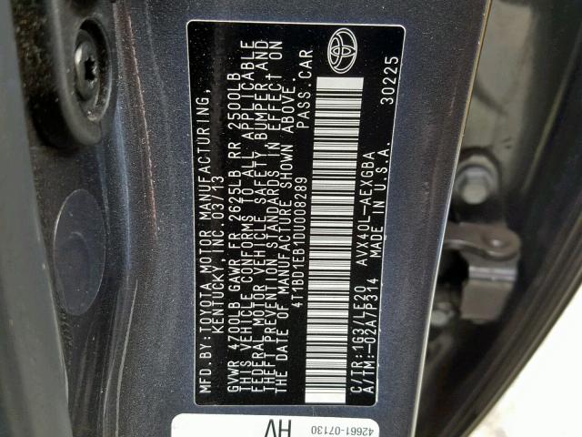 4T1BD1EB1DU008289 - 2013 TOYOTA AVALON HYB GRAY photo 10