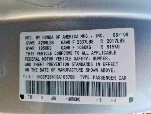 1HGCP26419A165708 - 2009 HONDA ACCORD LXP SILVER photo 10