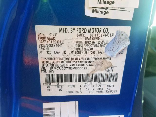 1FMCU0D75BKB36622 - 2011 FORD ESCAPE XLT BLUE photo 10