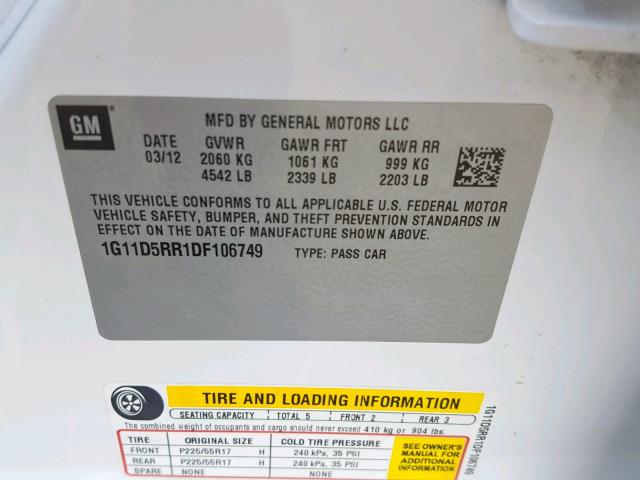 1G11D5RR1DF106749 - 2013 CHEVROLET MALIBU 1LT 白色 照片 10