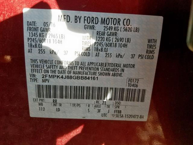 2FMPK4J88GBB84161 - 2016 FORD EDGE SEL RED photo 10