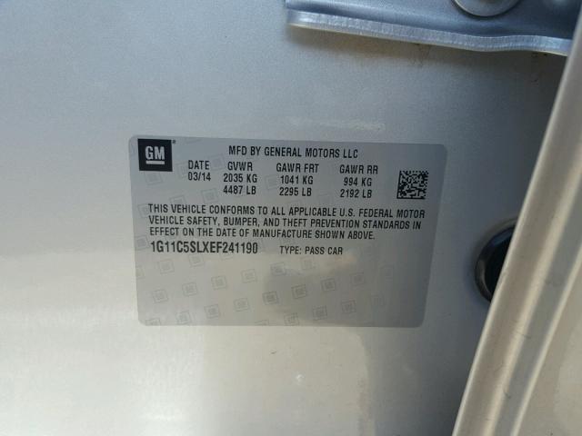 1G11C5SLXEF241190 - 2014 CHEVROLET MALIBU 1LT SILVER photo 10