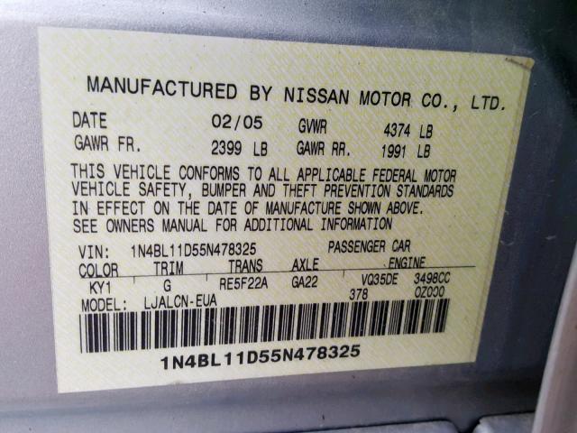 1N4BL11D55N478325 - 2005 NISSAN ALTIMA SE SILVER photo 10