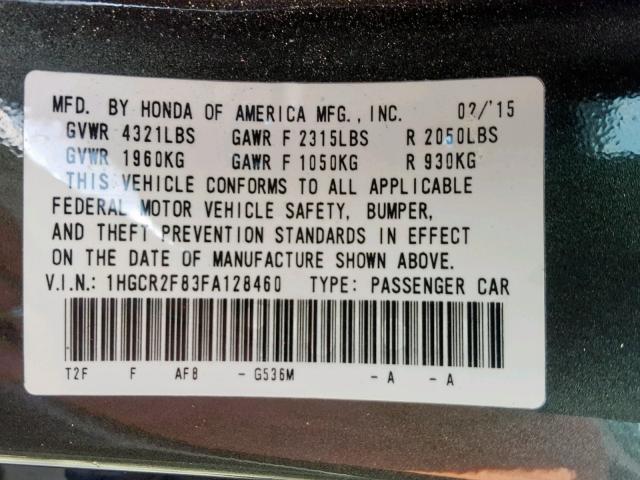 1HGCR2F83FA128460 - 2015 HONDA ACCORD EXL GRAY photo 10