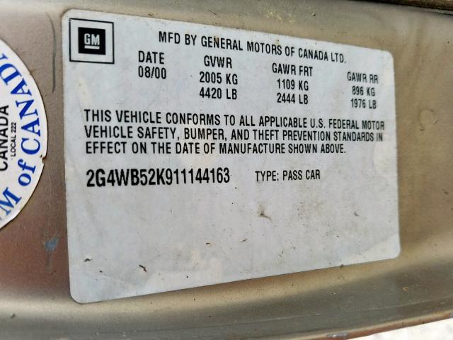 2G4WB52K911144163 - 2001 BUICK REGAL LS BROWN photo 10