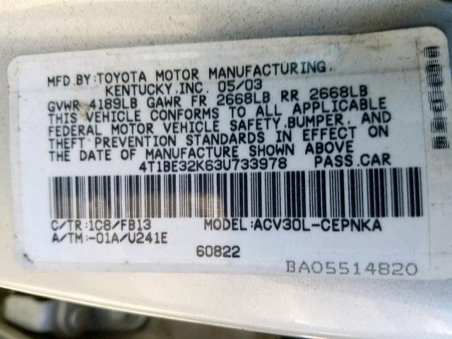 4T1BE32K63U733978 - 2003 TOYOTA CAMRY LE SILVER photo 10