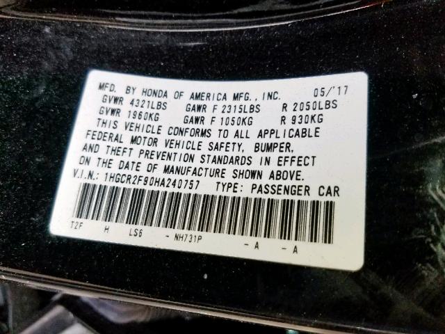 1HGCR2F90HA240757 - 2017 HONDA ACCORD EXL BLACK photo 10