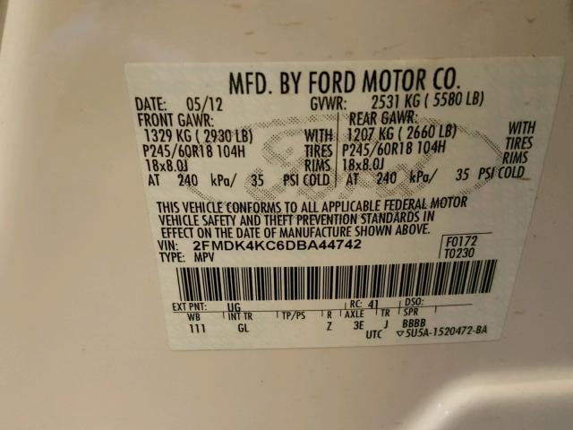 2FMDK4KC6DBA44742 - 2013 FORD EDGE LIMIT WHITE photo 10