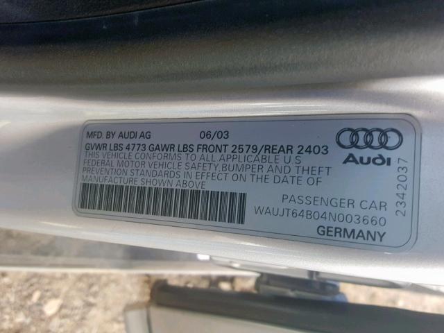 WAUJT64B04N003660 - 2004 AUDI A6 3 SILVER photo 10