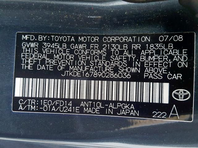 JTKDE167890286036 - 2009 TOYOTA SCION TC ნაცრისფერი ფოტო 10