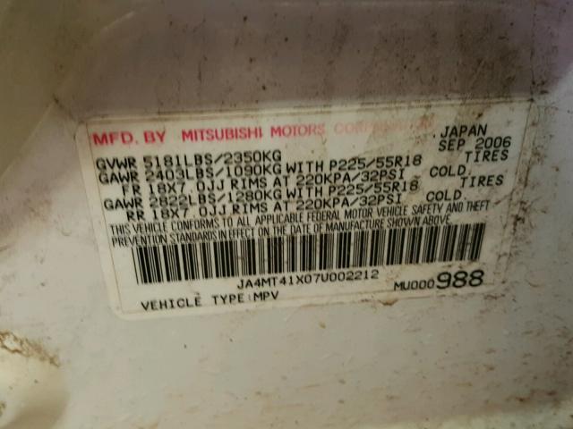 JA4MT41X07U002212 - 2007 MITSUBISHI OUTLANDER WHITE photo 10