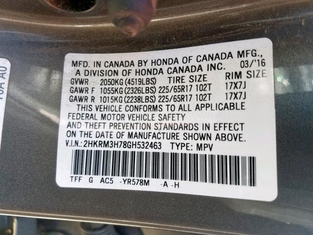 2HKRM3H78GH532463 - 2016 HONDA CR-V EXL GRAY photo 10