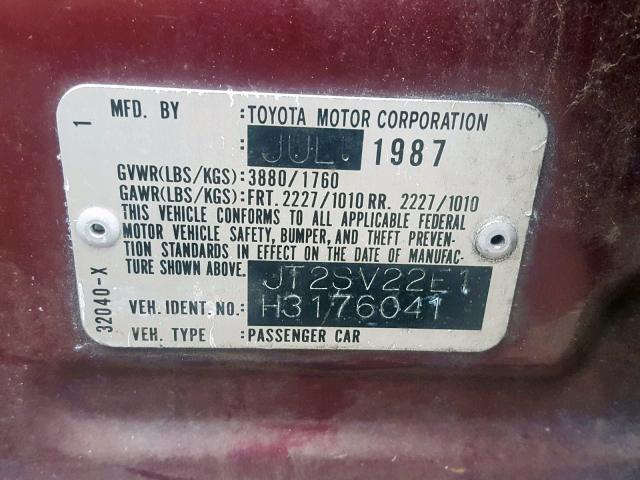 JT2SV22E1H3176041 - 1987 TOYOTA CAMRY LE MAROON photo 10