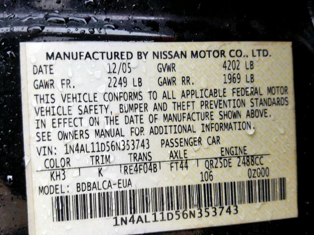 1N4AL11D56N353743 - 2006 NISSAN ALTIMA S BLACK photo 10