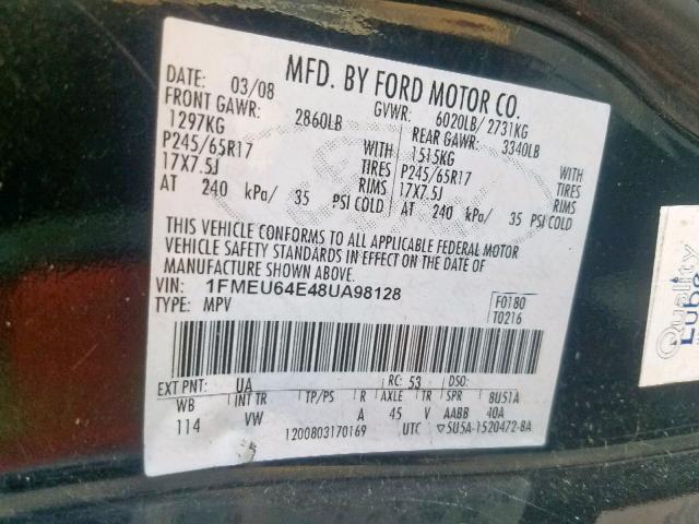 1FMEU64E48UA98128 - 2008 FORD EXPLORER E BLACK photo 10