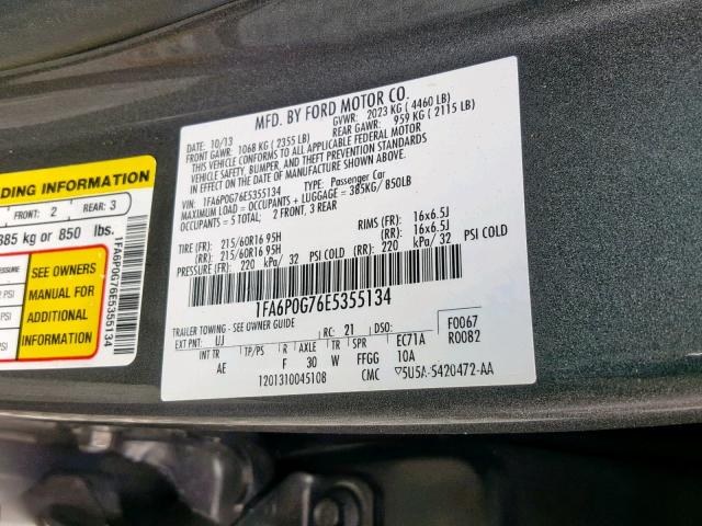 1FA6P0G76E5355134 - 2014 FORD FUSION S GRAY photo 10