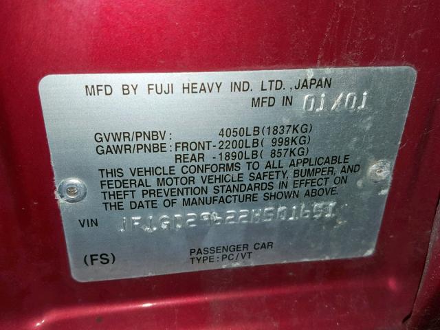 JF1GD29622H501651 - 2002 SUBARU IMPREZA WR RED photo 10