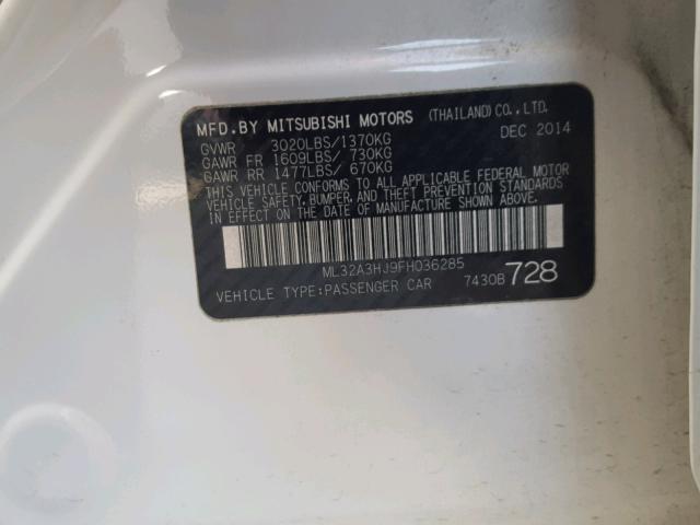 ML32A3HJ9FH036285 - 2015 MITSUBISHI MIRAGE DE WHITE photo 10