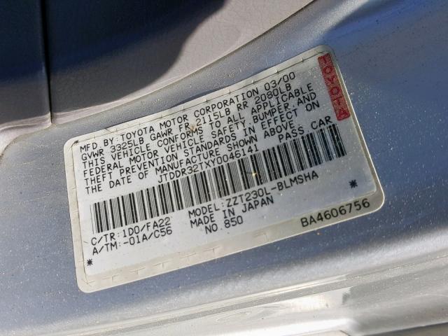 JTDDR32TXY0046141 - 2000 TOYOTA CELICA GT SILVER photo 10