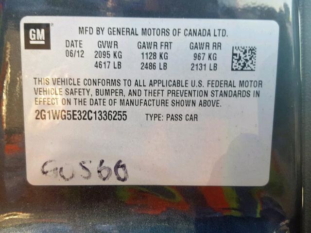 2G1WG5E32C1336255 - 2012 CHEVROLET IMPALA LT CHARCOAL photo 10