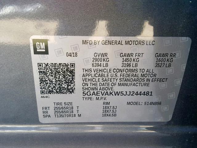 5GAEVAKW5JJ244481 - 2018 BUICK ENCLAVE ES GRAY photo 10