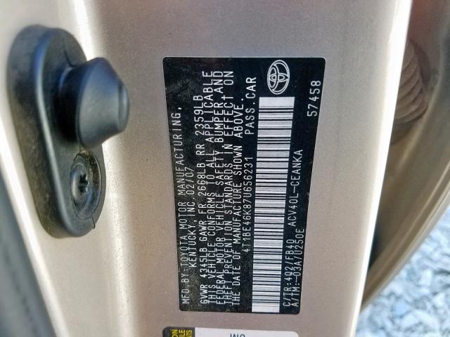 4T1BE46K87U656231 - 2007 TOYOTA CAMRY NEW TAN photo 10