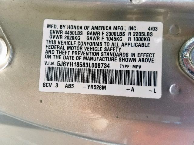 5J6YH18583L008734 - 2003 HONDA ELEMENT EX SILVER photo 10