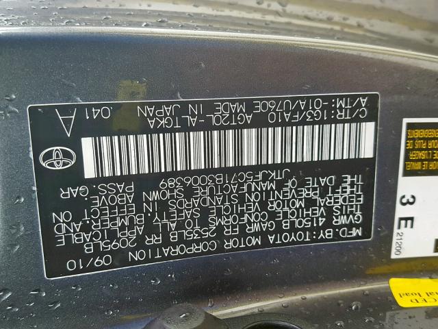 JTKJF5C71B3006389 - 2011 TOYOTA SCION TC ნაცრისფერი ფოტო 10