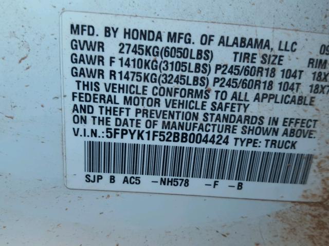 5FPYK1F52BB004424 - 2011 HONDA RIDGELINE WHITE photo 10