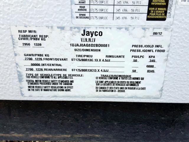 1UJAJ0AG8D2BD0081 - 2013 JAYCO J SERIES  WHITE photo 10