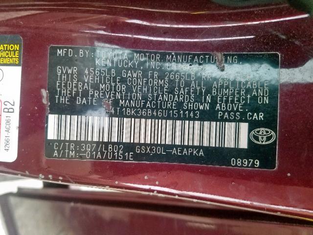 4T1BK36B46U151143 - 2006 TOYOTA AVALON BURGUNDY photo 10