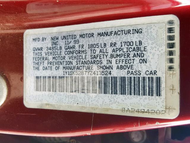 1Y1SK5287YZ413524 - 2000 CHEVROLET GEO PRIZM შავი ფოტო 10